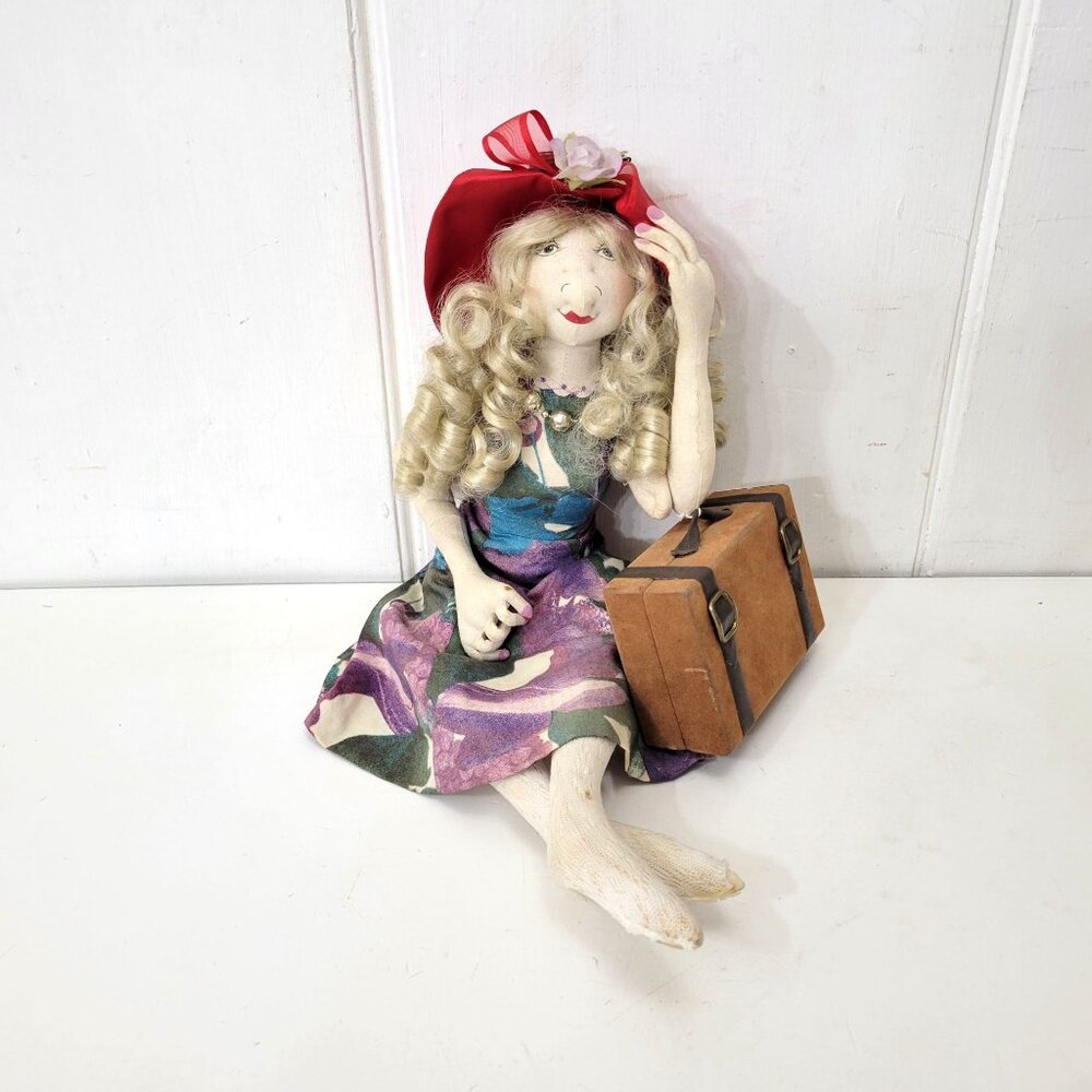 Handmade Fabric Artist Doll With Curly Hair & Red Hat Holding Suitcase